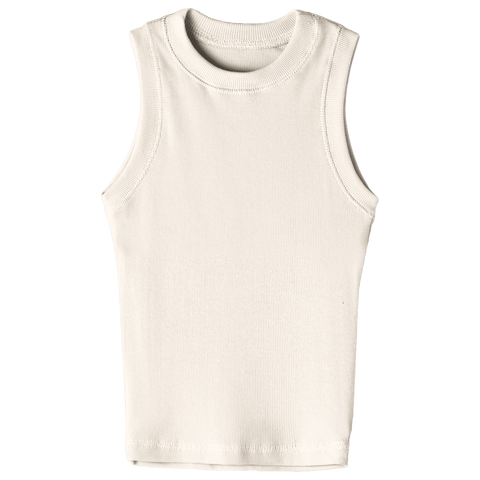 Laguna Tank, custom fitted full-length tank top with a high neckline in Oat Milk Please color