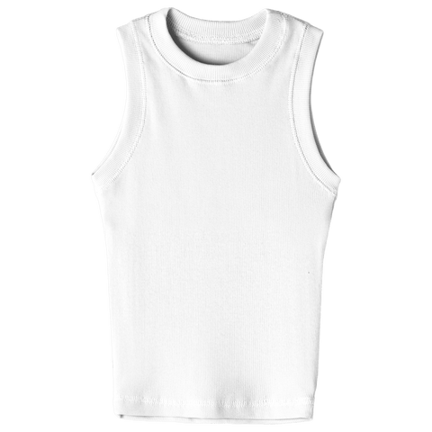 Laguna Tank, custom fitted full-length tank top with a high neckline in Opal White color