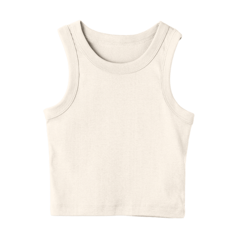 Malibu Tank, custom cropped fitted tank top with wide straps in Oat Milk Please color