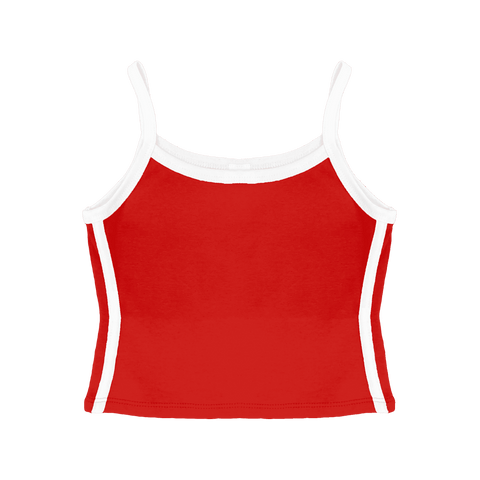 Thalia Tank, custom cropped spaghetti strap tank top with white side stripes in cherry whisper color