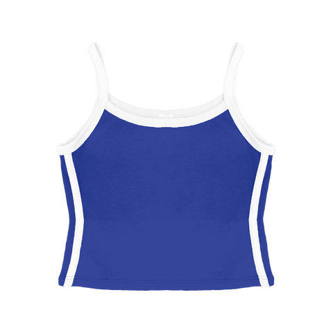 Thalia Tank, custom cropped spaghetti strap tank top with white side stripes in lazuli lover color