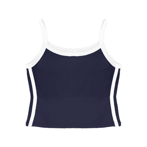 Thalia Tank, custom cropped spaghetti strap tank top with white side stripes in midnight chic color