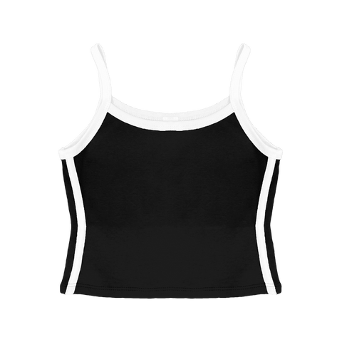 Thalia Tank, custom cropped spaghetti strap tank top with white side stripes in onyx black color