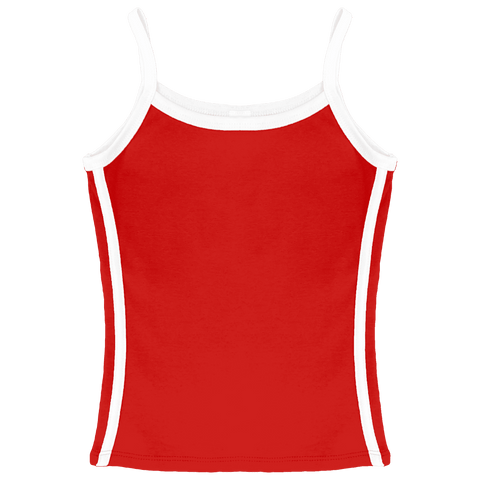 Thalia Tank, custom full-length spaghetti strap tank top with white side stripes in cherry whisper color