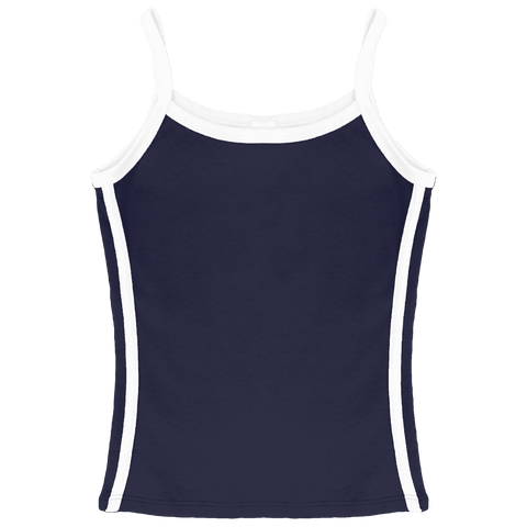 Thalia Tank, custom full-length spaghetti strap tank top with white side stripes in midnight chic color