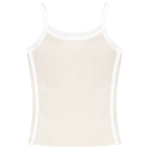 Thalia Tank, custom full-length spaghetti strap tank top with white side stripes in oat milk please color