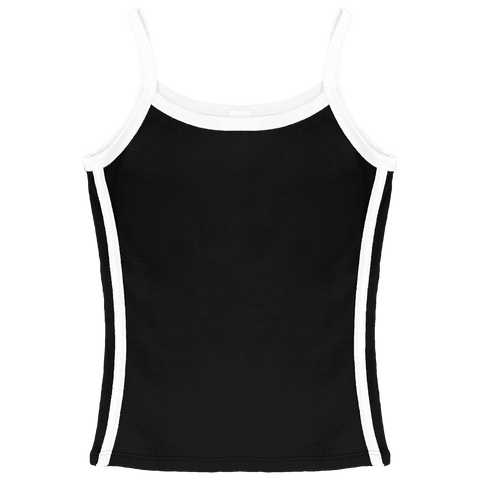 Thalia Tank, custom full-length spaghetti strap tank top with white side stripes in onyx black color