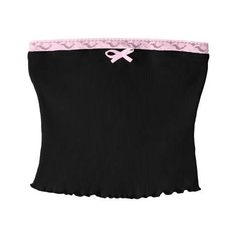 Pearl Tube Top, custom fitted strapless tube top in Onyx Black color with BB Blush lace trim and mini satin bow